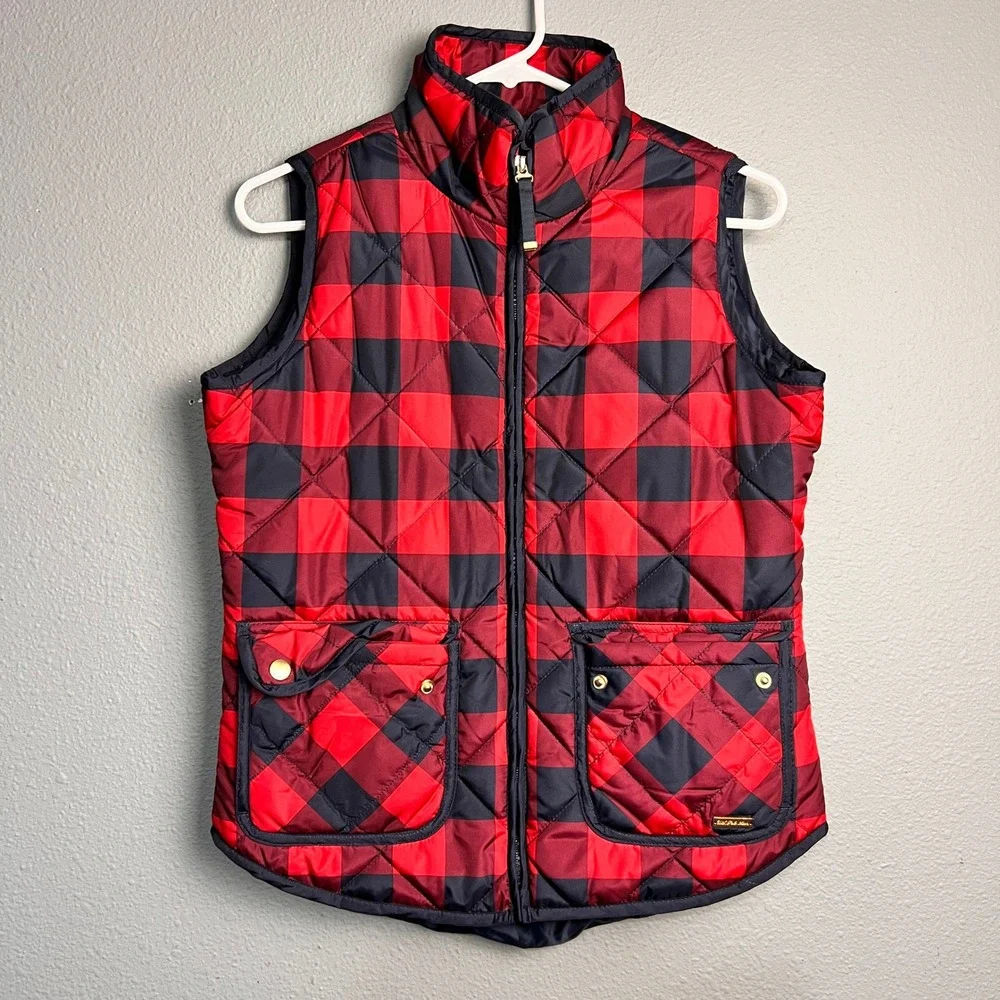 US Polo Assn Mens Red Navy Buffalo Plaid Quilted Puffer Vest Small Campfire Cozy